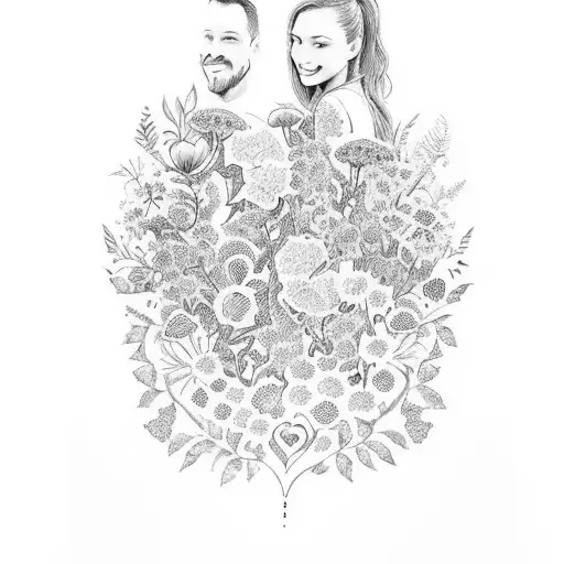 A tattoo design showcasing a silhouette of your family members surrounded by vibrant flowers and plants to represent your love for family and gardening tattoo design idea