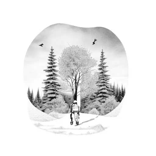 A detailed black and grey tattoo of a road worker surrounded by nature elements like trees, birds, and hiking trails tattoo design idea