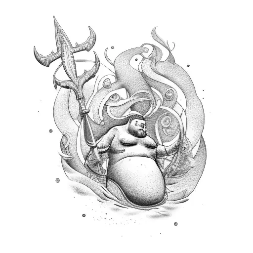 fat merman holding trident tattoo design idea