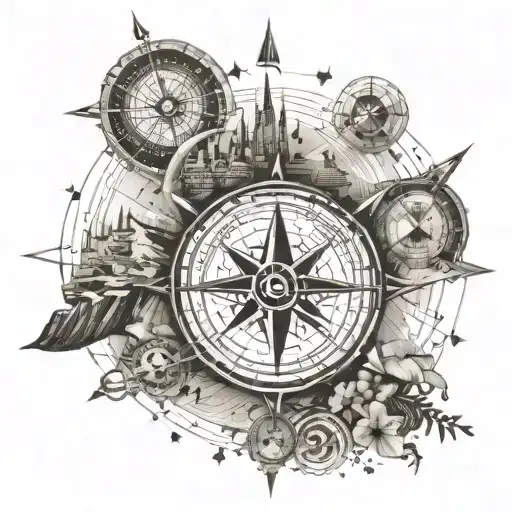 A compass rose with different landmarks from around the world, representing the client's passion for traveling and exploring tattoo design idea