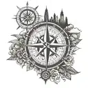 A compass rose with different landmarks from around the world, representing the client's passion for traveling and exploring tattoo design idea