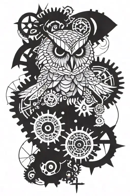 owl surrounded gears geometric shapes compass rose intertwined skull  tattoo design idea