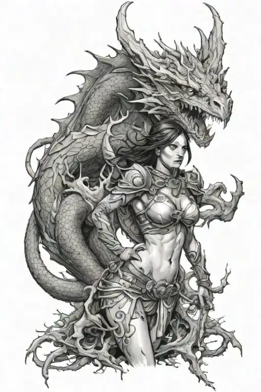human Female warrior with dragon breathing firewith dead trees in the background  tattoo design idea
