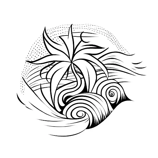 A minimalist tattoo of a wave with palm trees silhouettes, symbolizing the love for the sea and palm trees. tattoo design idea