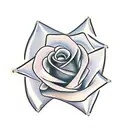 create a cross that has a ribbon wrapped around the cross, with a cool design on the outside that includes a few roses a tattoo design idea