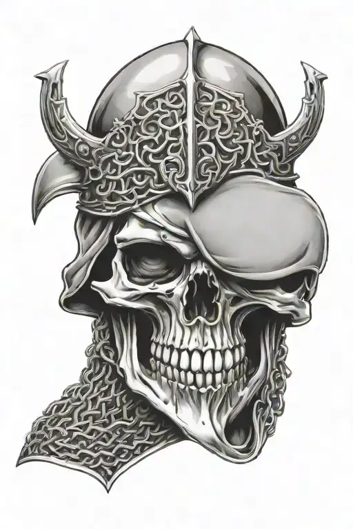 skull in medieval armor including chain mail tattoo design idea