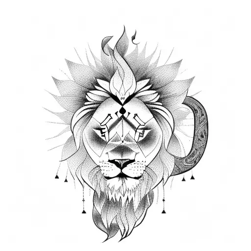A lion playing a guitar with traditional chinese style tattoo design idea