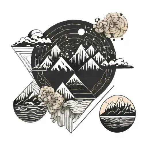 couple tattoo, abstract, geometrical elements of sea and mountains. tattoo design idea
