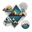 couple tattoo, abstract, geometrical elements of sea and mountains. tattoo design idea