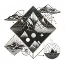 couple tattoo, abstract, geometrical elements of sea and mountains. tattoo design idea