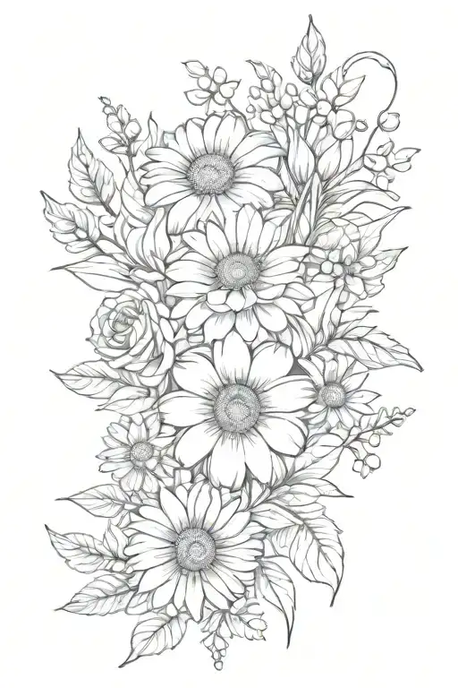 flower bouquet with Daisy, jazmín, azahar and rose tattoo design idea