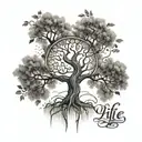 A stylized tree of life tattoo with the roots spelling out the name 'Yannick' and the branches reaching towards the sky tattoo design idea