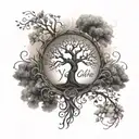A stylized tree of life tattoo with the roots spelling out the name 'Yannick' and the branches reaching towards the sky tattoo design idea