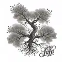 A stylized tree of life tattoo with the roots spelling out the name 'Yannick' and the branches reaching towards the sky tattoo design idea