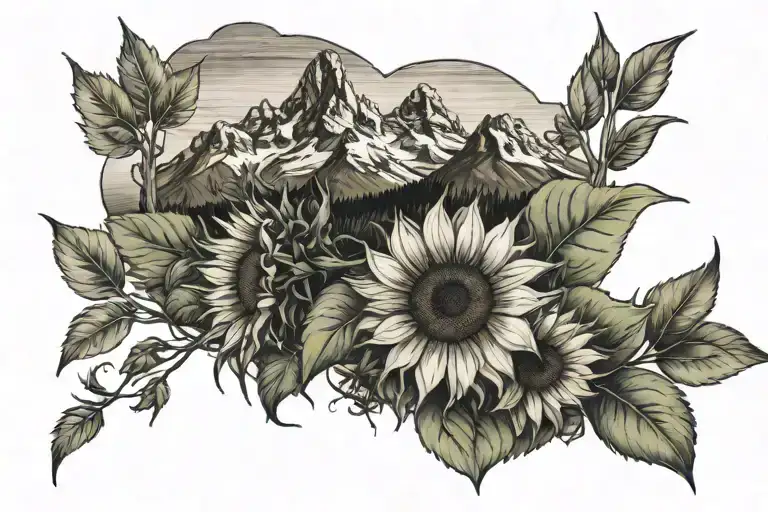 teton mountains with sunflowers tattoo design idea
