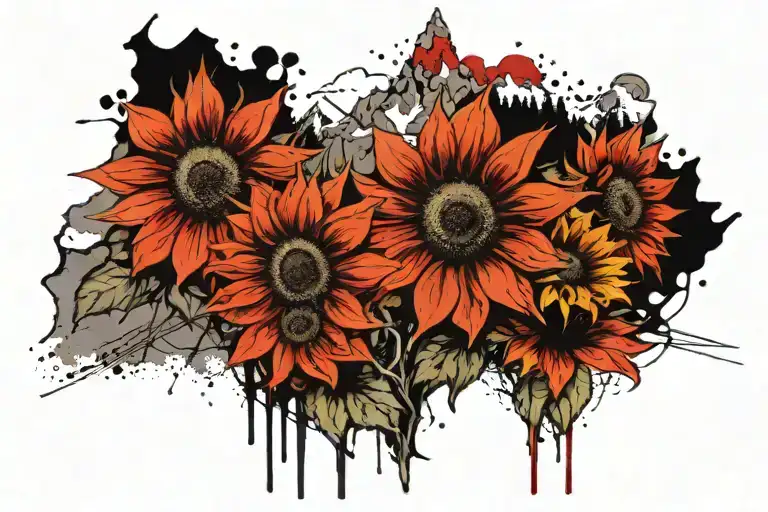teton mountains with sunflowers tattoo design idea