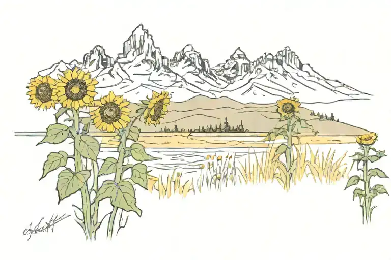 teton mountains with sunflowers tattoo design idea
