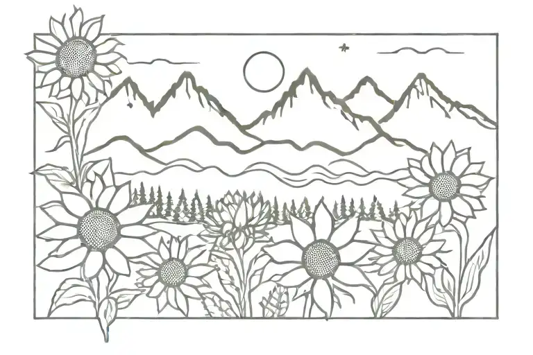 teton mountains with sunflowers tattoo design idea