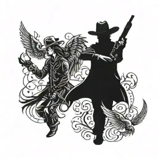 A cowboy and Angels symbols matching couples tattoo on wrists with  tattoo design idea