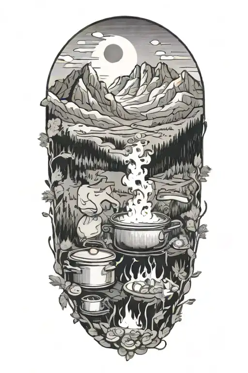 cooking in the mountains panorama tattoo design idea