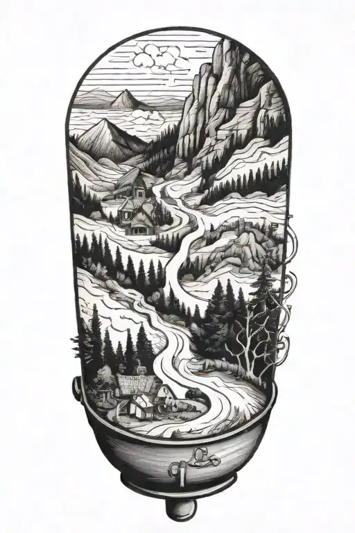 A detailed blackwork tattoo of a historic hiking trail winding through the mountains, with a hidden cooking pot and utensils along the path tattoo design idea