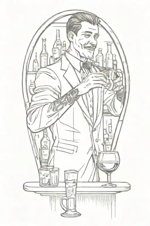 A sketch tattoo of a bartender mixing drinks in a speakeasy-style bar in New Orleans, with a backdrop of jazz musicians playing in the background tattoo design idea