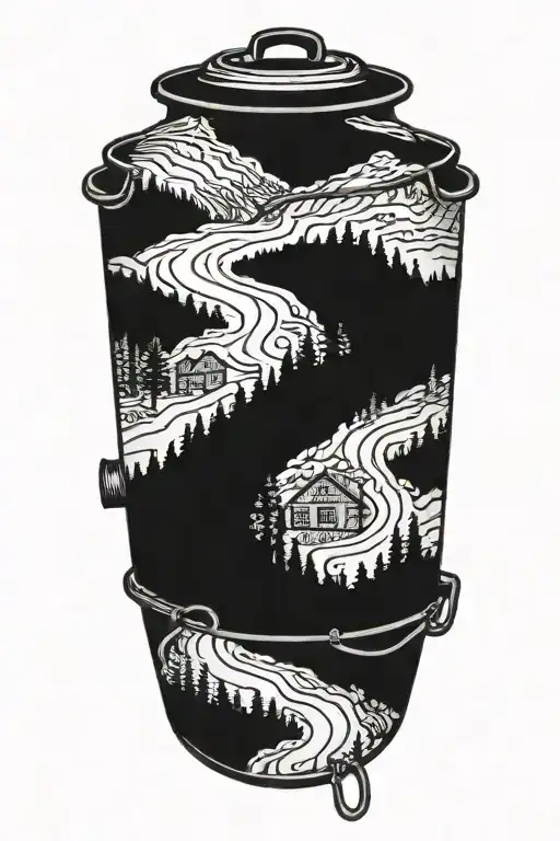 A detailed blackwork tattoo of a historic hiking trail winding through the mountains, with a hidden cooking pot and utensils along the path tattoo design idea