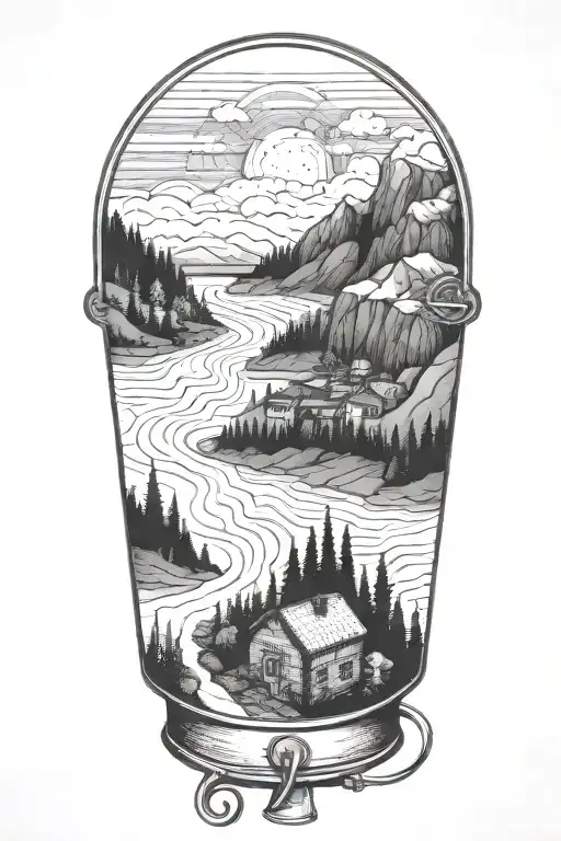 A detailed blackwork tattoo of a historic hiking trail winding through the mountains, with a hidden cooking pot and utensils along the path tattoo design idea