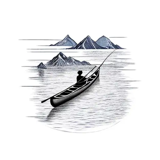 2 people fishing on canoe in lake with moutains in the background tattoo design idea