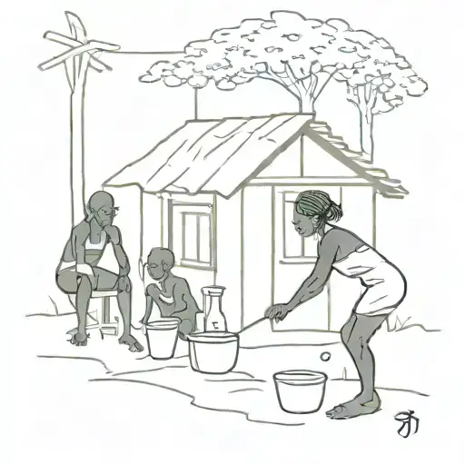 ghana village hut surrounded by woman pounding fufu  tattoo design idea