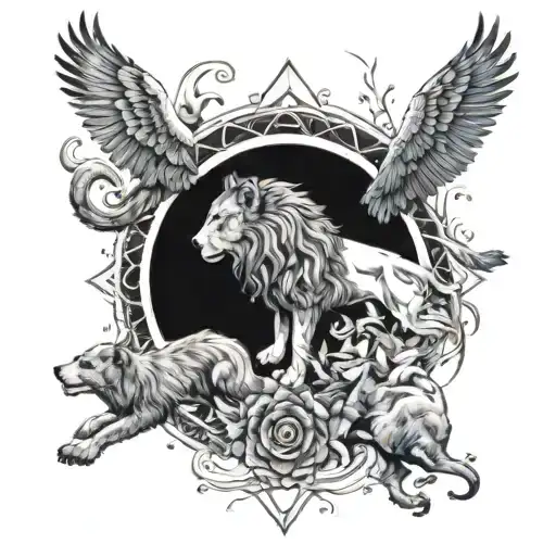 A mystical wolf, lion, and owl intertwined in a cosmic dance tattoo design idea