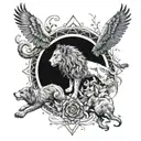 A mystical wolf, lion, and owl intertwined in a cosmic dance tattoo design idea
