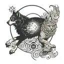 A mystical wolf, lion, and owl intertwined in a cosmic dance tattoo design idea