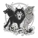 A mystical wolf, lion, and owl intertwined in a cosmic dance tattoo design idea