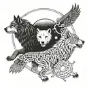 A mystical wolf, lion, and owl intertwined in a cosmic dance tattoo design idea
