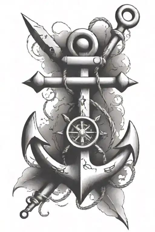 old anchor with a compass that letters: A, J hidden in it.  background made up of old fishing inagery. fishing hooks in  tattoo design idea