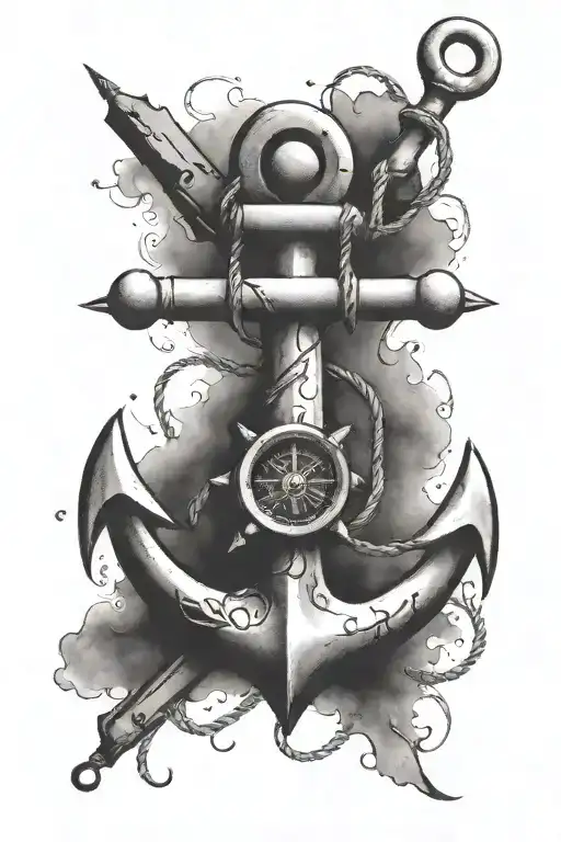 old anchor with a compass that letters: A, J hidden in it.  background made up of old fishing inagery tattoo design idea