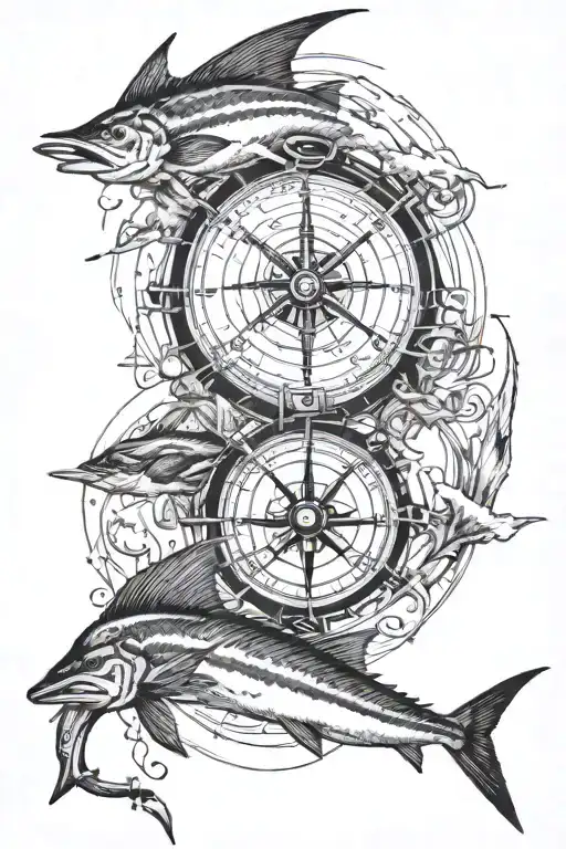 old man on a boat fishing marlin leaping compass with date on it  tattoo design idea