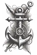 old anchor with a compass that letters: A, J hidden in it.  background made up of old fishing inagery. fishing hooks in  tattoo design idea