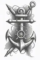 old anchor with a compass that letters: A, J hidden in it.  background made up of old fishing inagery. fishing hooks in  tattoo design idea