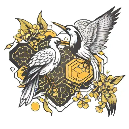 HONEYCOMB, BEES, JAPANESE CRANES  tattoo design idea