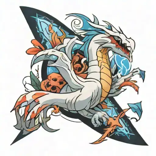 Tattoo style flowing into combining the following, ark survival evolved implant, lugia v pokemon full art behind, warped tattoo design idea