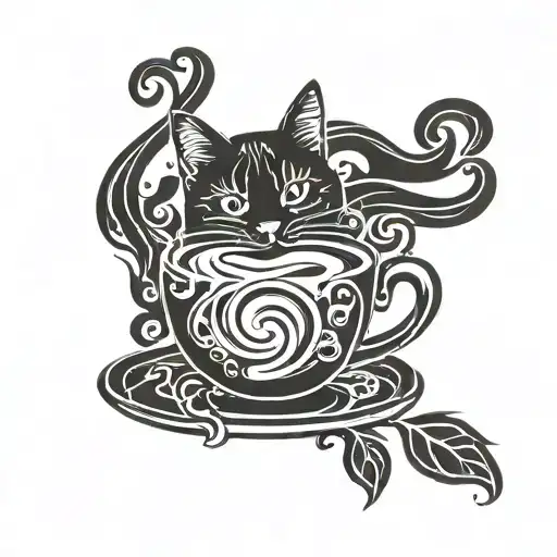 A stylized coffee bean with swirling steam, incorporating a cat silhouette in the negative space tattoo design idea