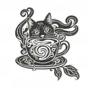 A stylized coffee bean with swirling steam, incorporating a cat silhouette in the negative space tattoo design idea