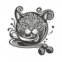 A stylized coffee bean with swirling steam, incorporating a cat silhouette in the negative space tattoo design idea
