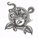 A stylized coffee bean with swirling steam, incorporating a cat silhouette in the negative space tattoo design idea