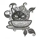 A stylized coffee bean with swirling steam, incorporating a cat silhouette in the negative space tattoo design idea
