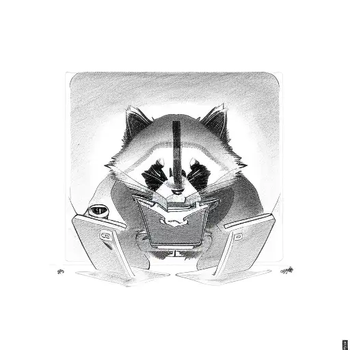A cat, panda, and raccoon playing a multiplayer video game together tattoo design idea