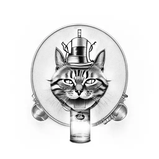 a cat, a bottle of spray paint, iron man's arc reactor, mad hatter's hat, a light saber, the amulet from supernatural tattoo design idea
