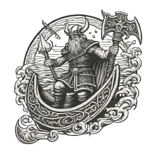 viking warrior holding battle axe in a ship sailing tattoo design idea